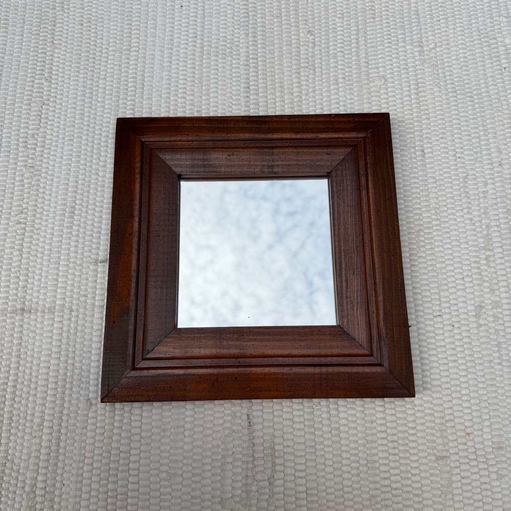 Vintage Style Square Brown Wood Framed Wall Mirror 12x12 Tiered Edge Accent